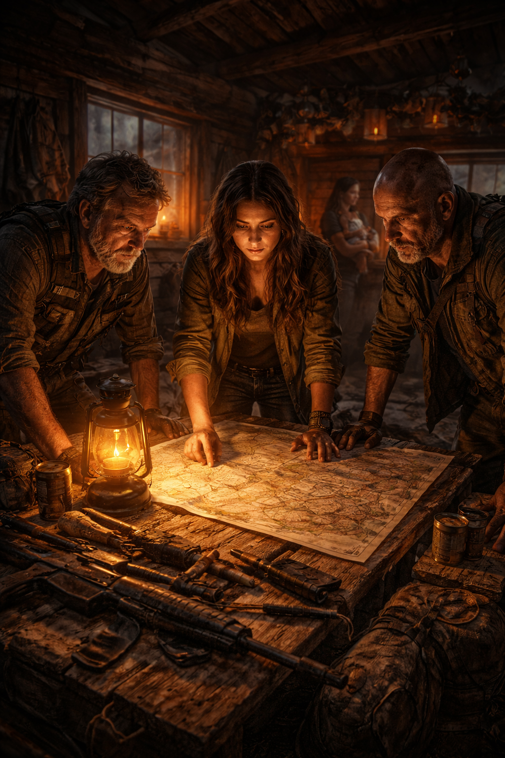 Three people in a dimly lit room, examining a map on a table with candles and lanterns.
