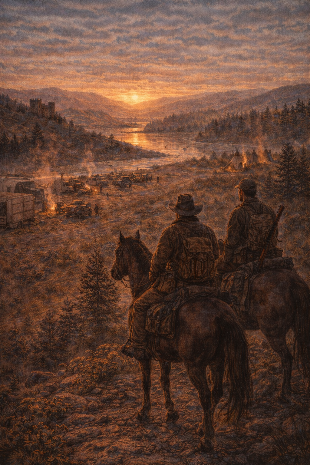 An image depicting a scene in the Graham’s Resolution series, book 7 The Wild West where two horseback riders enter an American Indian camp along the Columbia River in south Idaho.