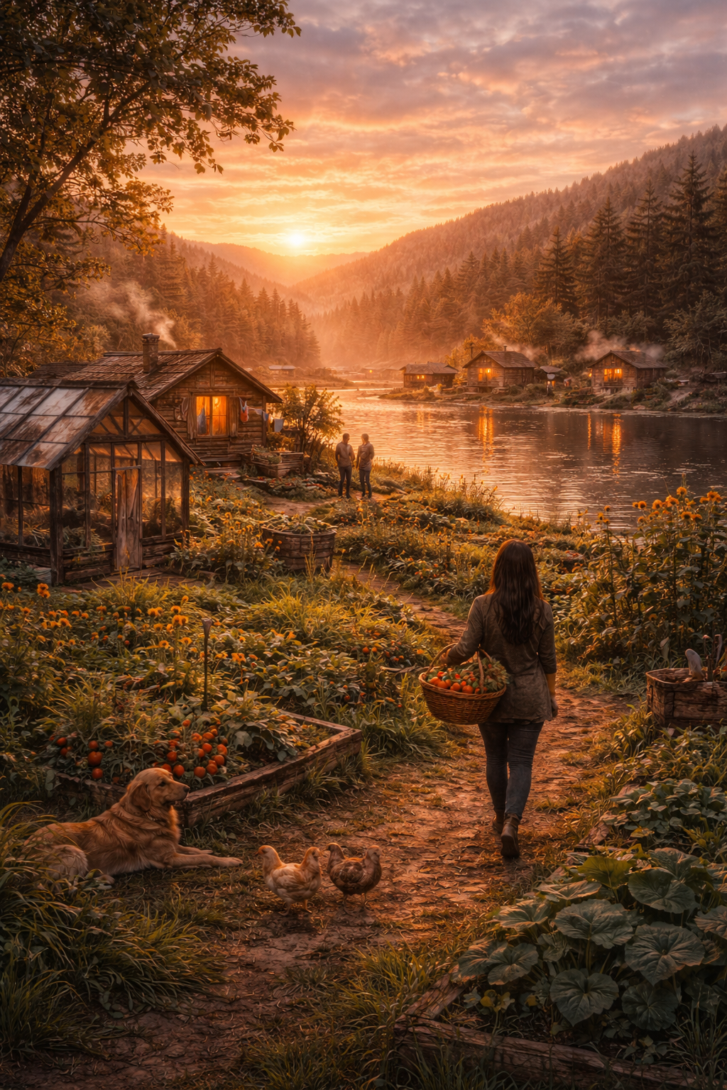 Woman walking with a basket of vegetables near a cabin by a lake at sunset.