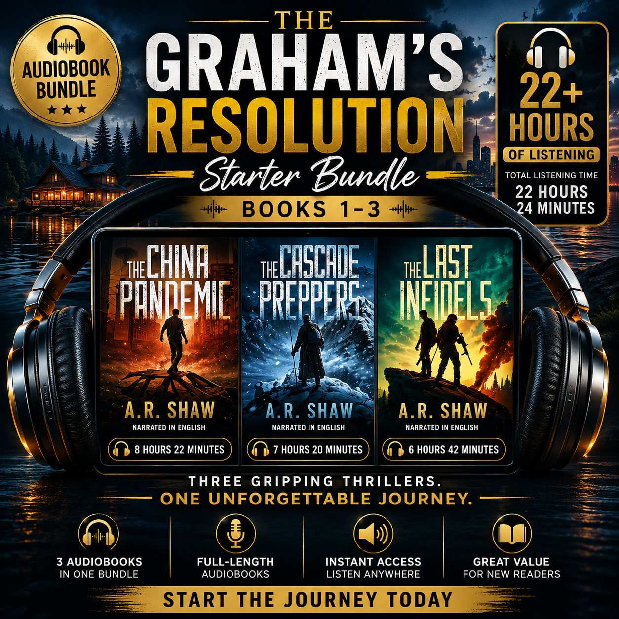 Promotional graphic for 'The Graham's Resolution' audiobook bundle with book covers and headphones.