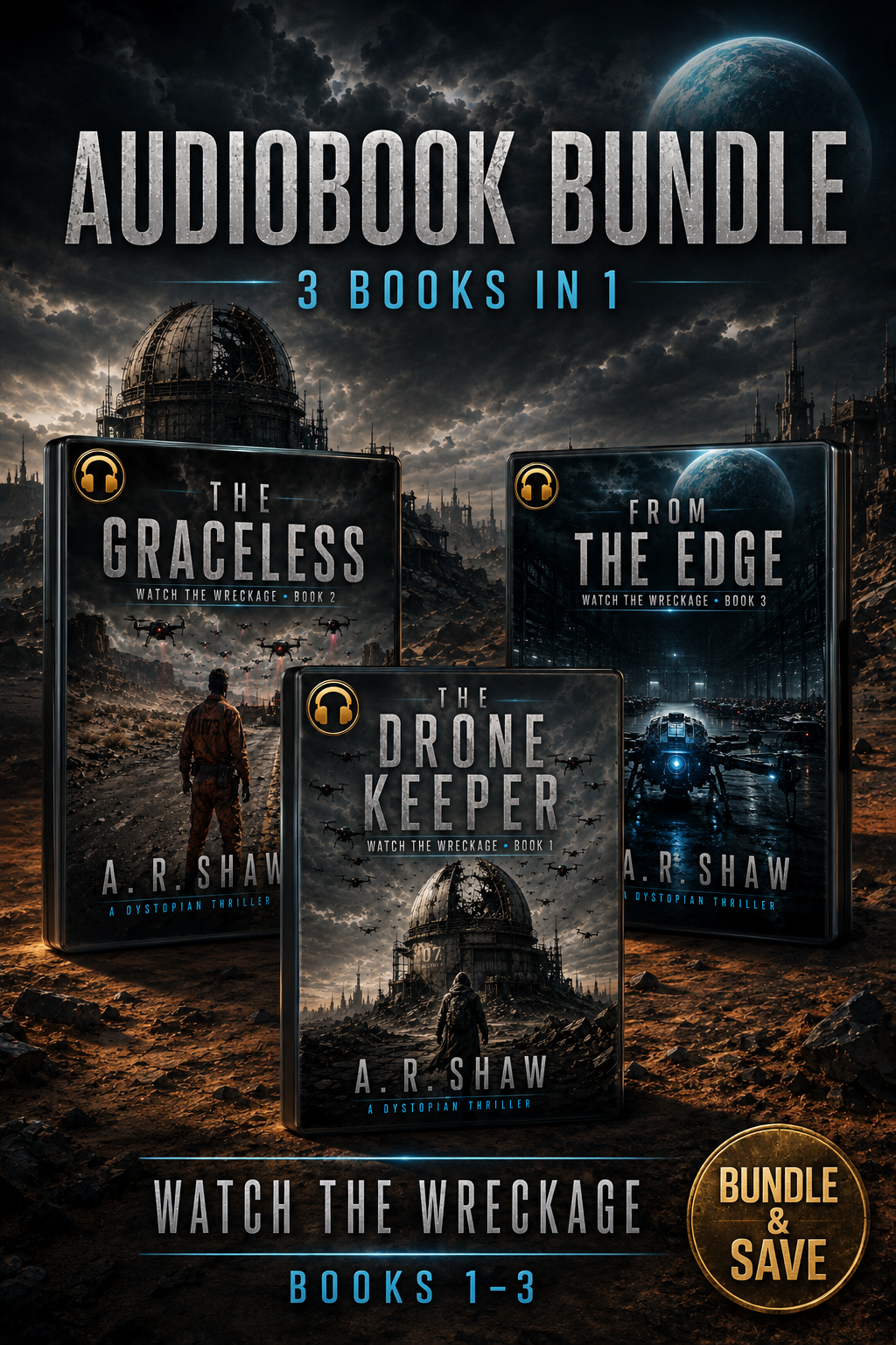Promotional cover for an audiobook bundle featuring three sci-fi book covers: 'The Graceless', 'The Drone Keeper', and 'From the Edge', with large text reading 'Audiobook Bundle' and '3 Books in 1'. A gold badge says 'Bundle & Save'.