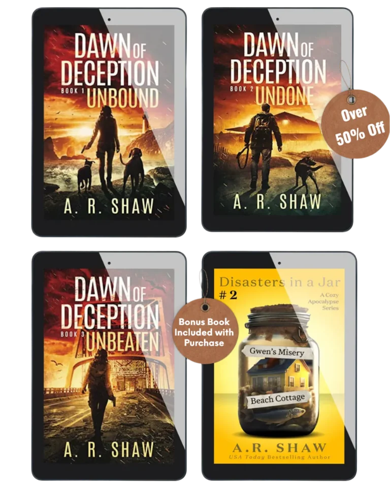 Dawn of Deception ebook bundle—Unbound, Undone, Unbeaten—with free bonus “Disasters in a Jar #2: Gwen’s Misery Beach Cottage”