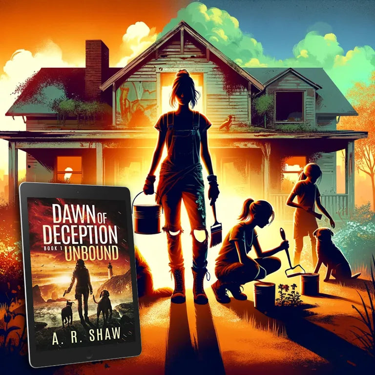 Mother and children repairing a farmhouse at dusk with the ebook cover of Dawn of Deception: Unbound.