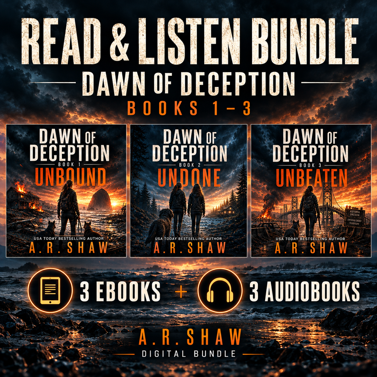 Dawn of Deception Books 1–3 Read & Listen Bundle by A. R. Shaw: three ebooks and three audiobooks