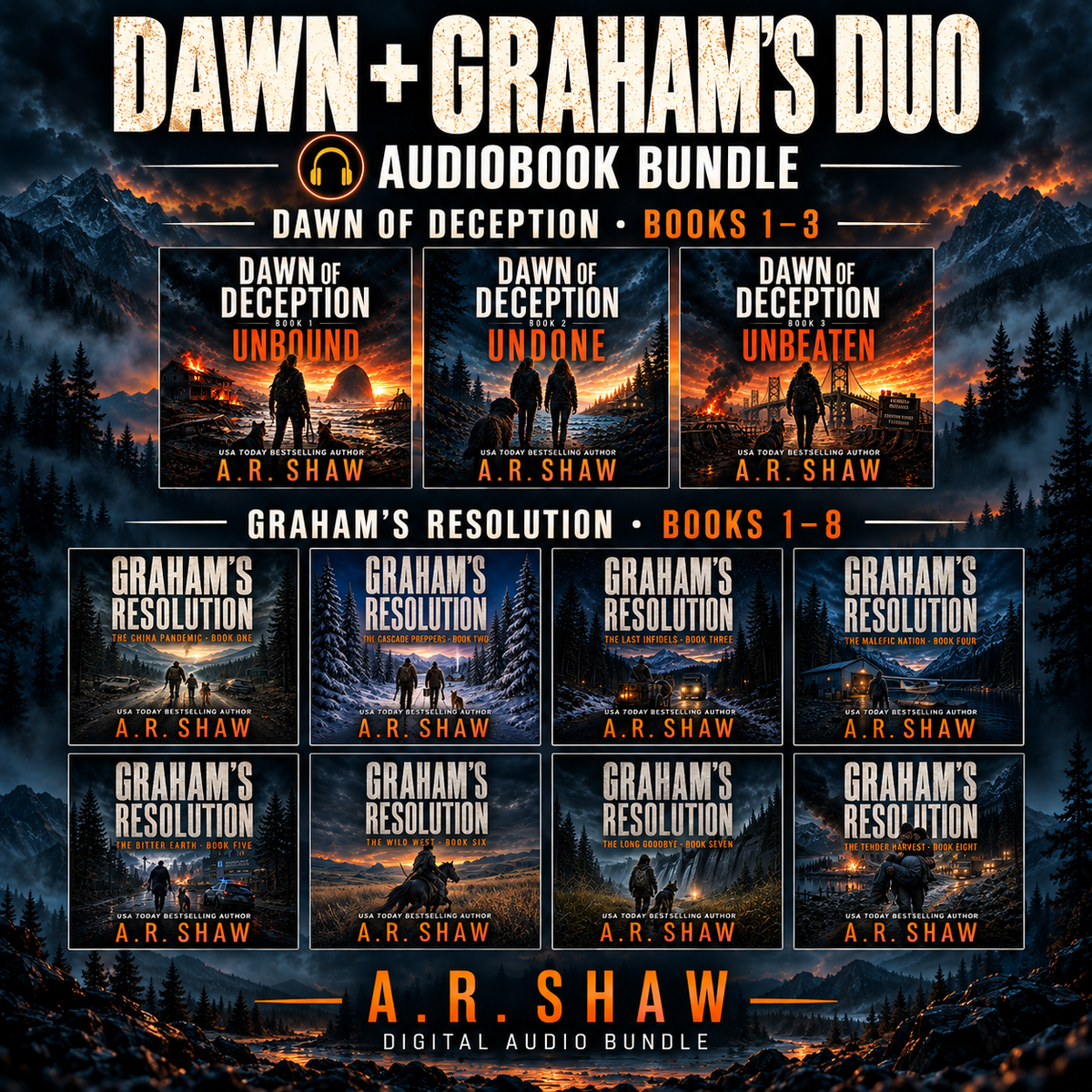 Dawn + Graham’s Duo audiobook bundle by A. R. Shaw: Dawn of Deception Books 1–3 and Graham’s Resolution Books 1–8