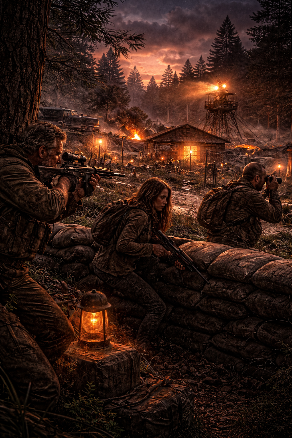 Three people in camouflage sitting in a forest at night with lanterns and rifles.