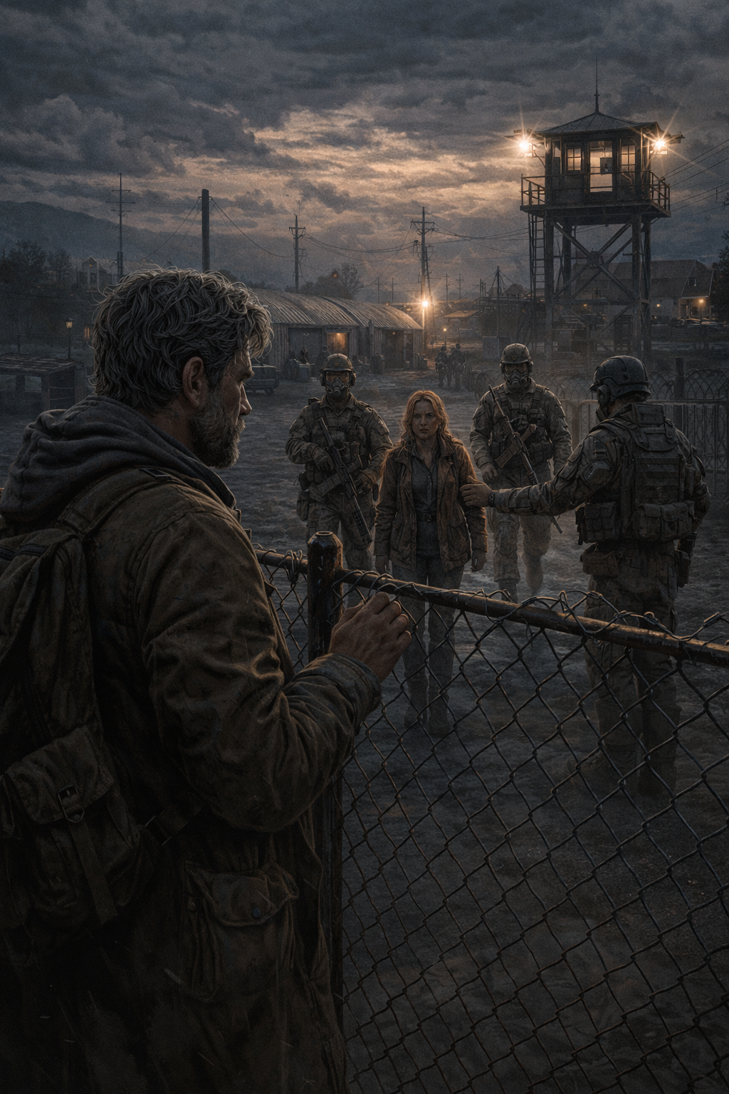 Survivors stand separated by a chain-link fence from armed guards inside a fortified post-apocalyptic compound, with a watchtower lit against a darkening sky.