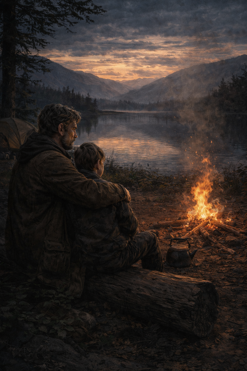 Two survivors sit close beside a small campfire at the edge of a quiet lake at dusk, mountains reflected in the still water.
