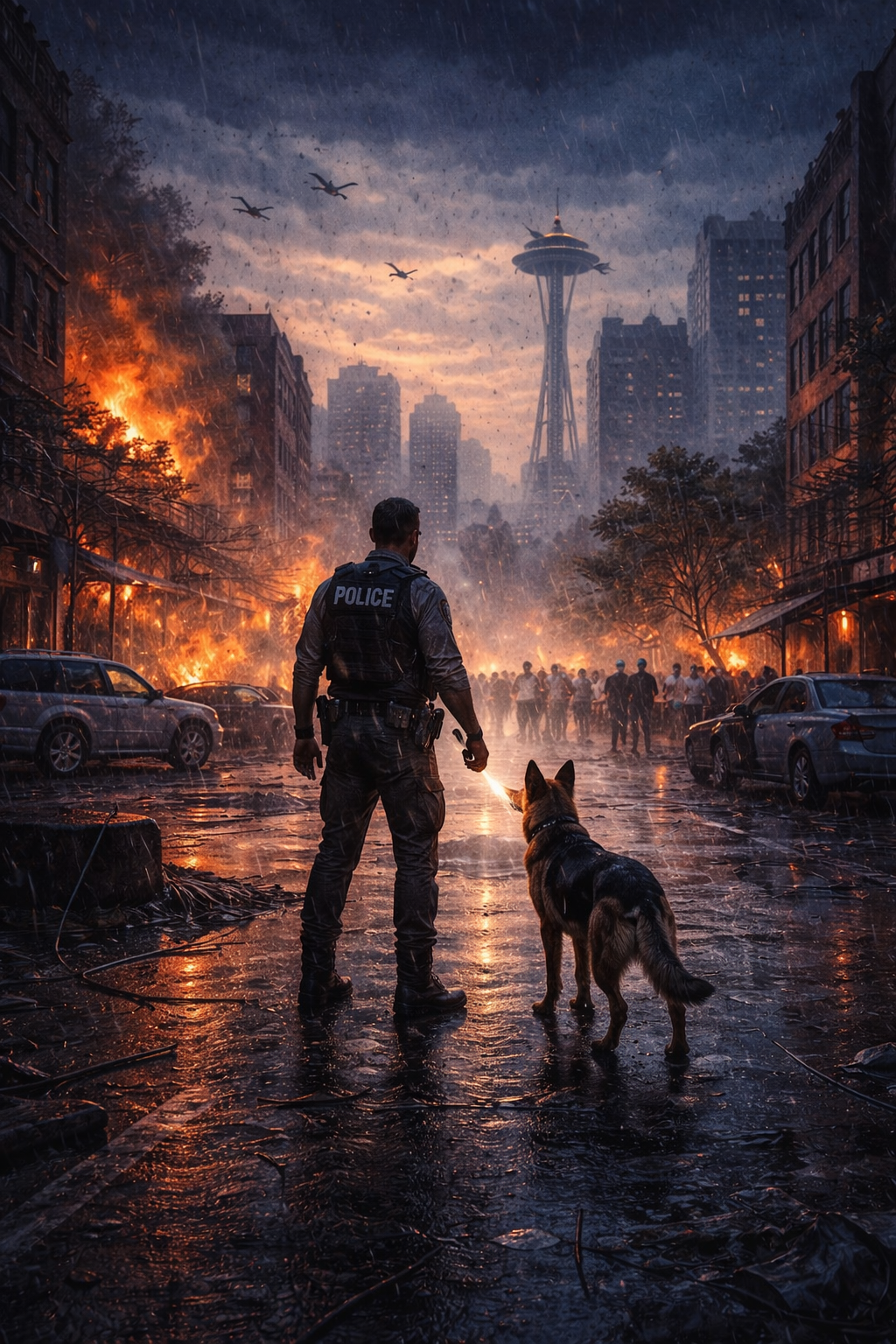 Police officer with a dog in a dystopian cityscape with fires and a dark sky.
