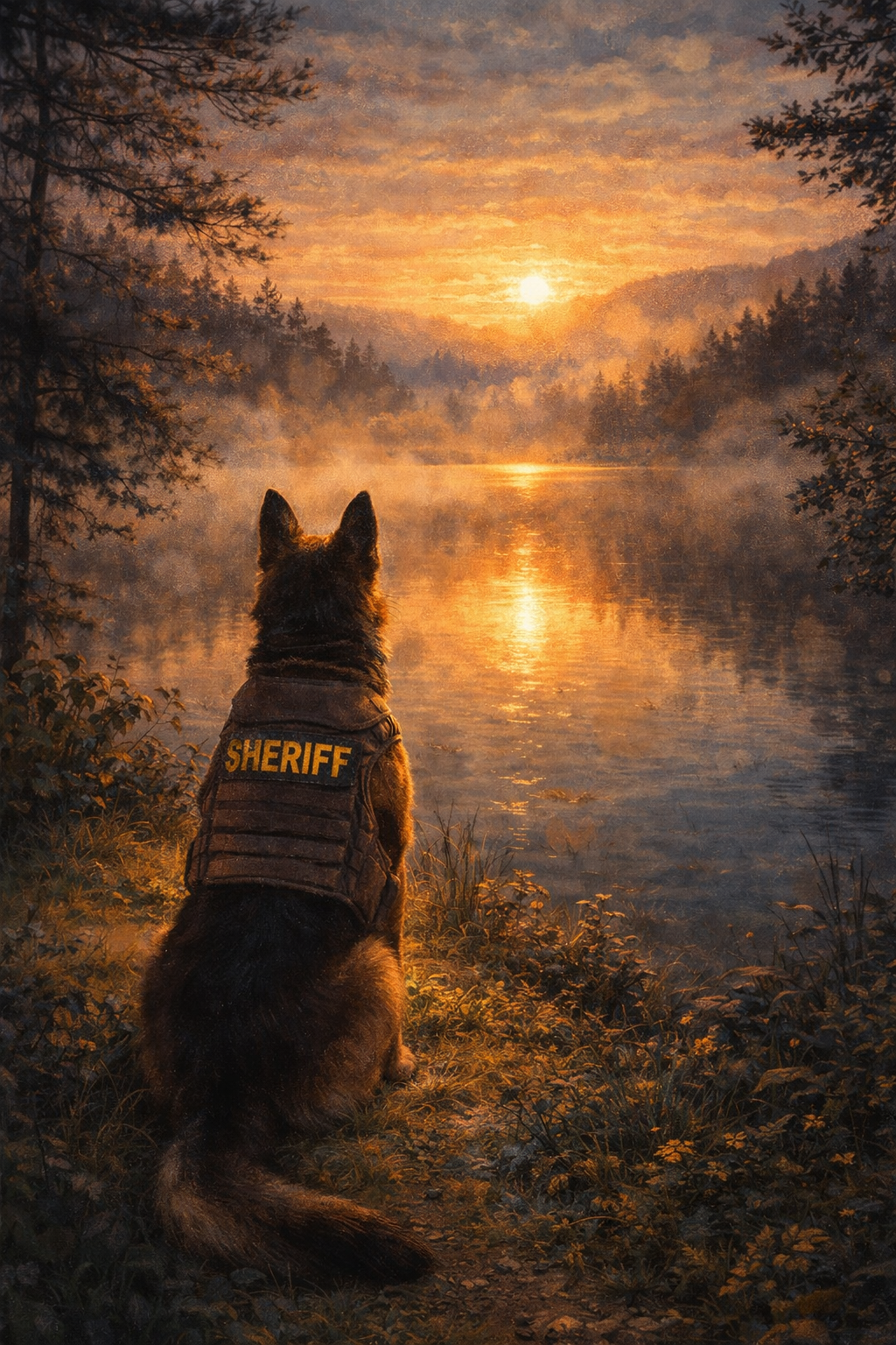 Dog wearing a 'Sheriff' vest sitting by a lake at sunset.