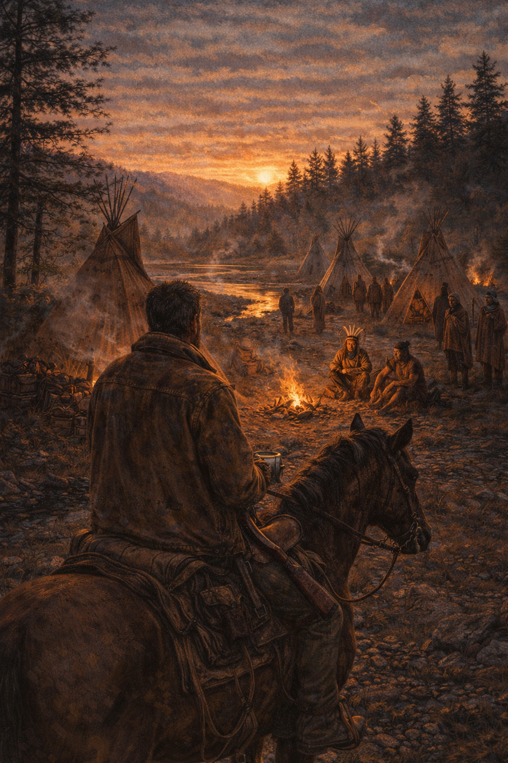 Man riding a horse through an American Indian camp in south Idaho after the apocalypse in the Graham’s Resolution series.