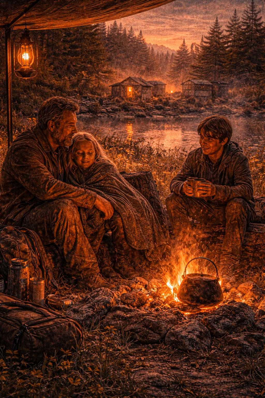 Three people sitting around a campfire by a lake at sunset.