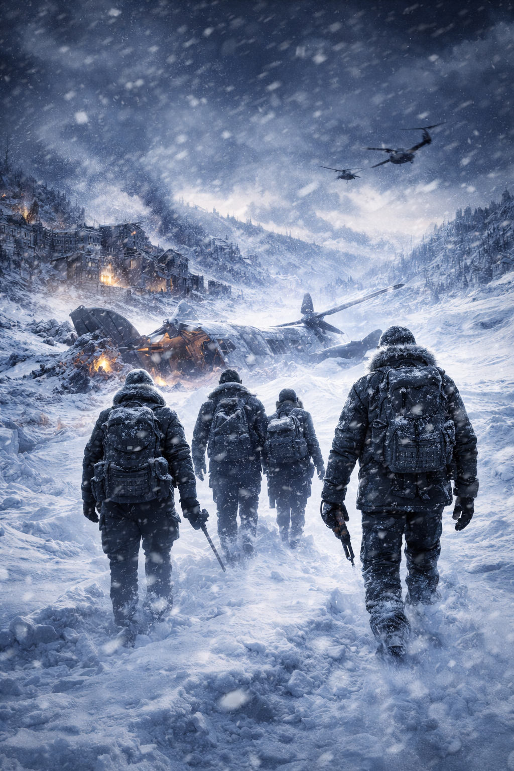 Group of soldiers walking through a snowy landscape with military vehicles and helicopters in the background.