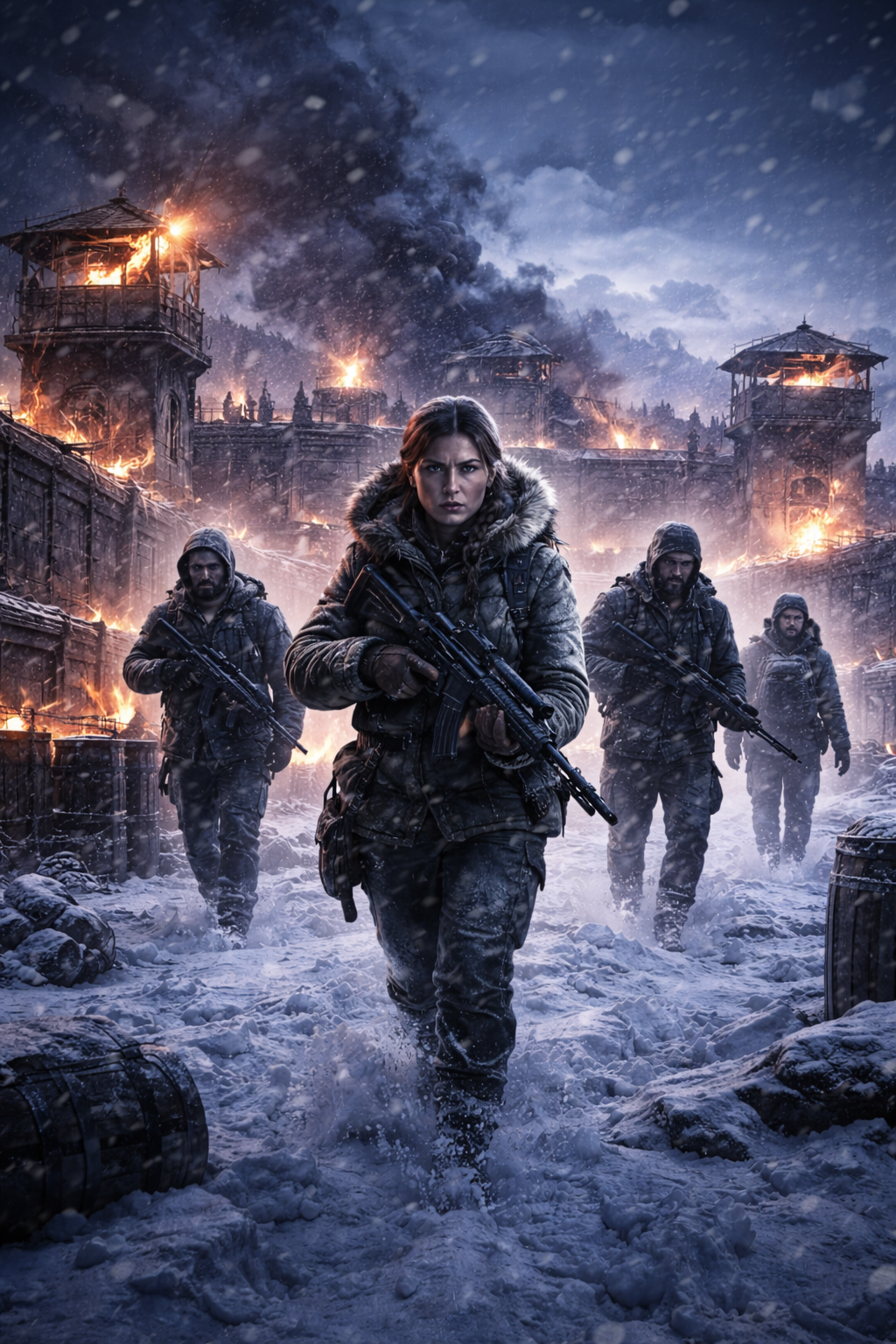 Futuristic soldiers in a snowy, war-torn landscape with fires and structures in the background.