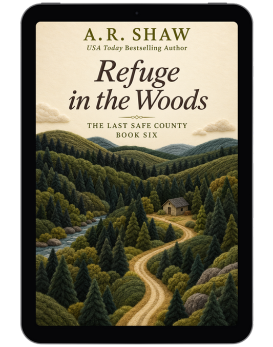 Refuge in the Woods by A.R. Shaw, The Last Safe County Book Six, displayed on a black ebook reader