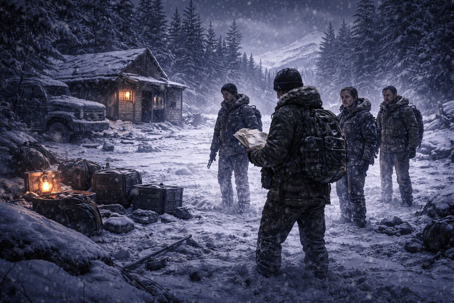 Group of people in winter gear standing in a snowy landscape with a cabin in the background.