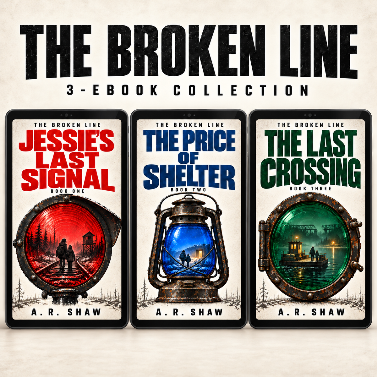 Three ebook readers display Jessie’s Last Signal, The Price of Shelter, and The Last Crossing by A. R. Shaw, in reading order.