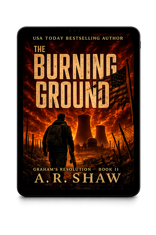 Book cover of 'The Burning Ground' by A.R. Shaw with a silhouette of a person and a flag against a fiery background.