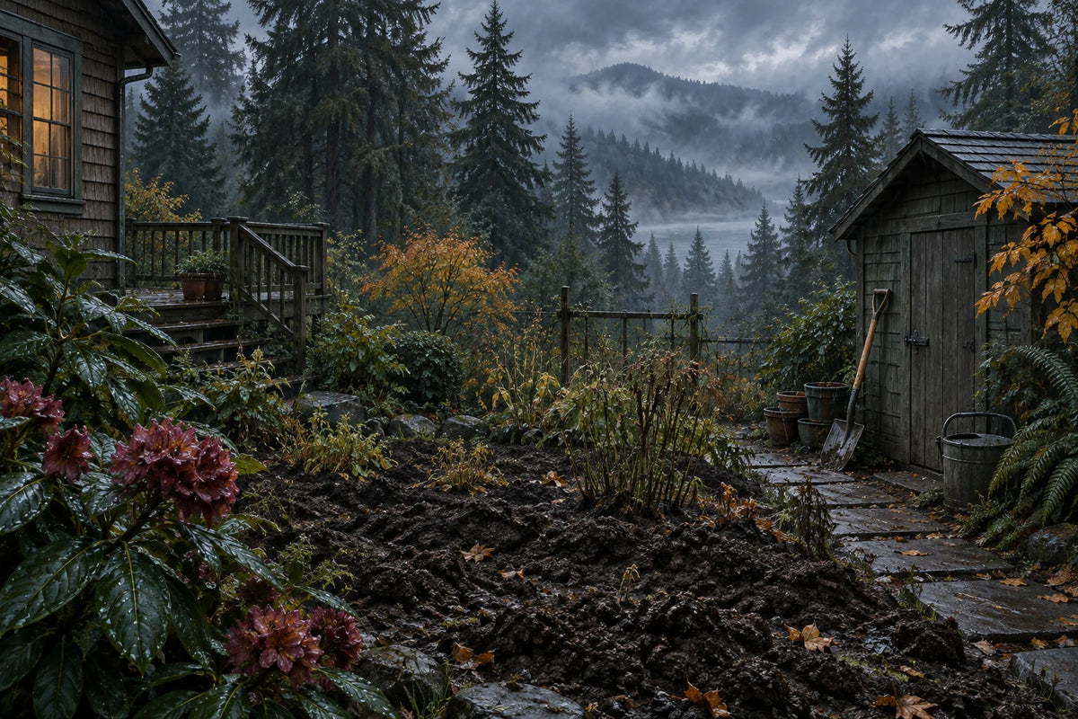 Opening garden artwork from Graham’s Resolution: The China Pandemic interactive game, with rain, evergreens, and distant mountains.