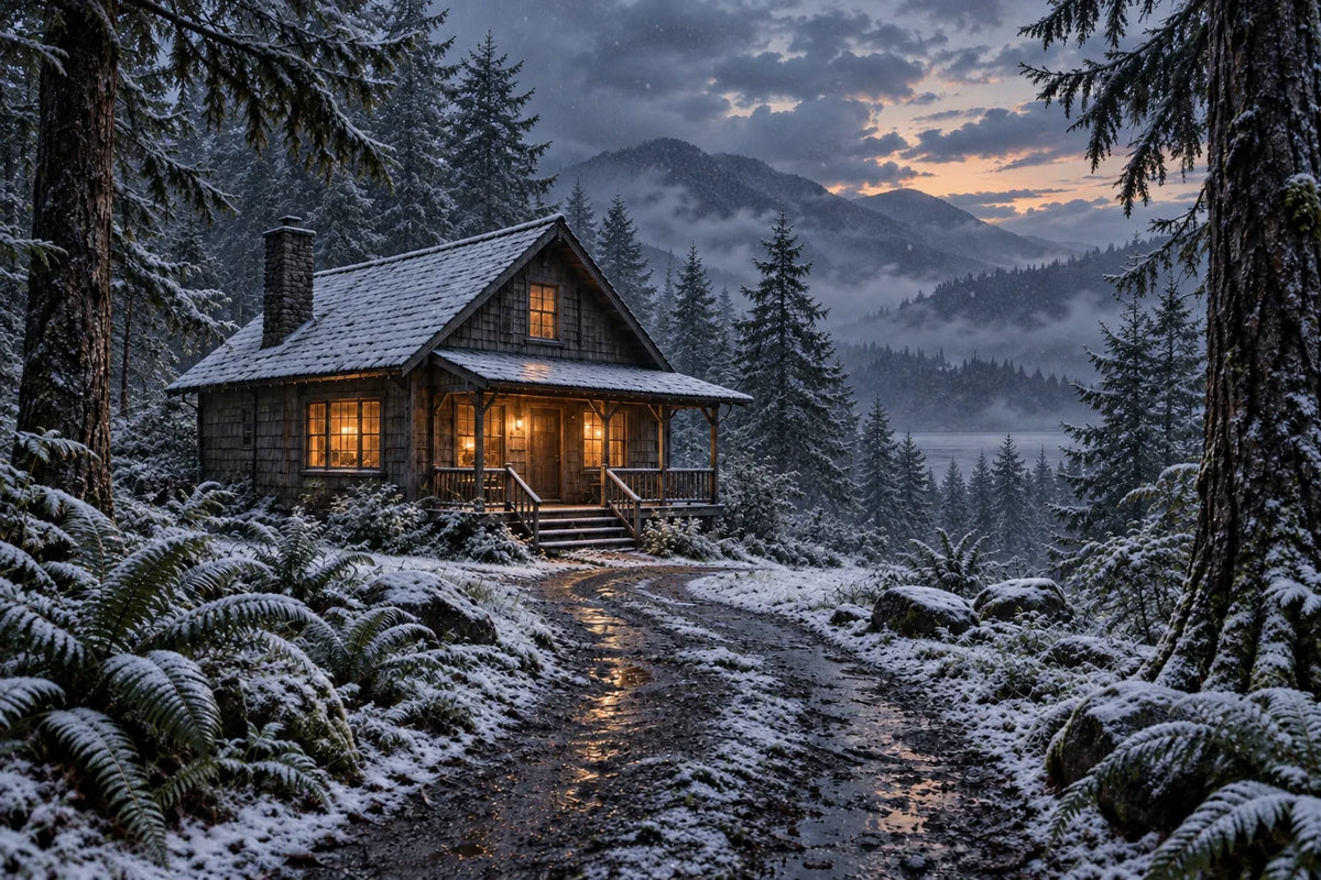 Winter cabin artwork from Graham’s Resolution: The China Pandemic interactive game, with glowing windows, snow, and the Cascade Mountains.
