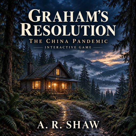 Graham’s Resolution: The China Pandemic Interactive Game by A. R. Shaw. Warm cabin windows glow beneath misty evergreens, with ivory and gold title lettering.