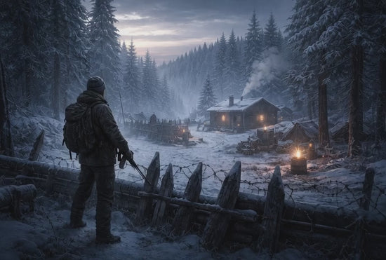 A lone survivor stands guard at a snow-covered prepper camp in a frozen Pacific Northwest forest at dawn, with cabins glowing warmly behind a fortified perimeter — a winter survival scene from The Cascade Preppers.