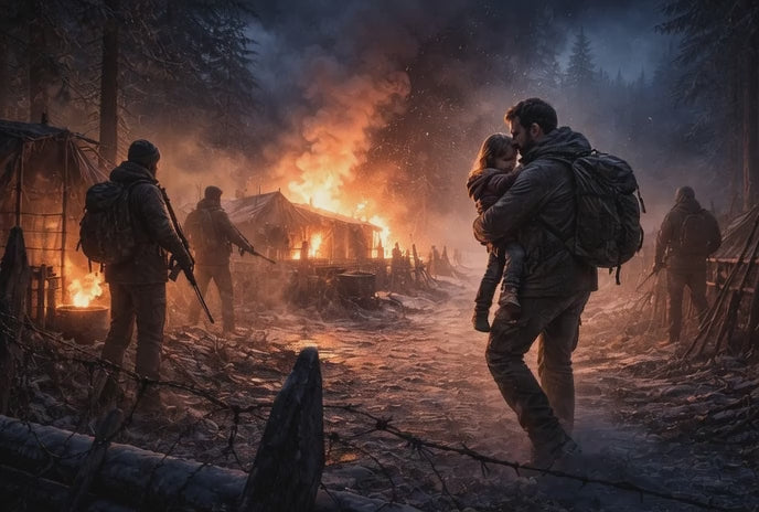 A father carries a child away from a burning prepper camp at night as armed survivors secure the perimeter, flames lighting the forest — a high-stakes rescue scene from The Cascade Preppers.