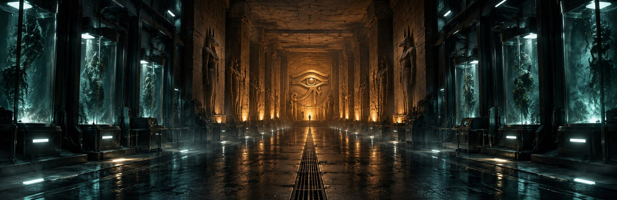 An ancient Egyptian chamber merged with a modern containment laboratory