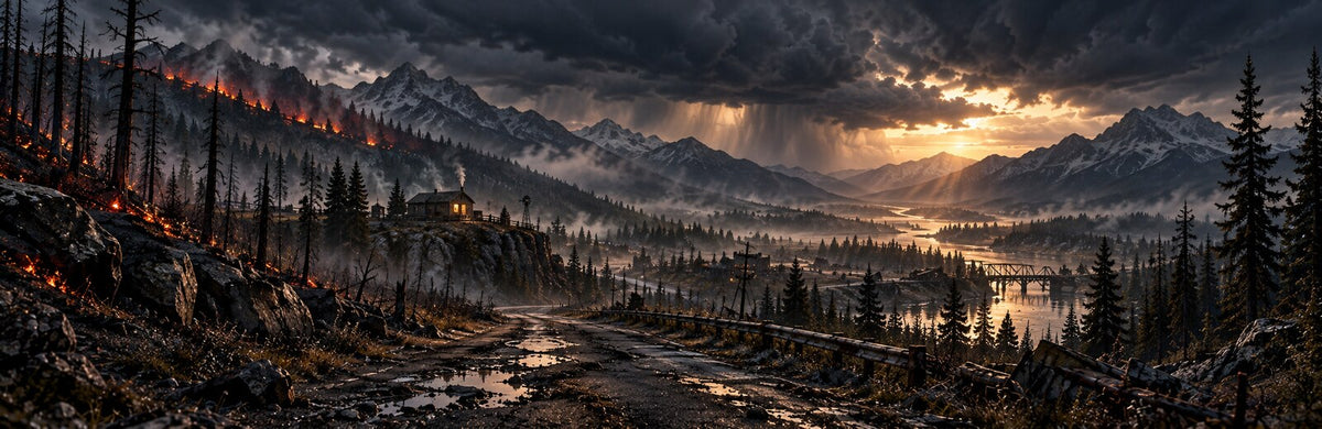 A wildfire-scorched mountain settlement glowing with embers