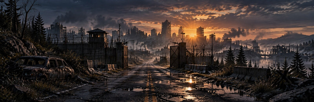 A broken city barricade opening toward the first light of dawn