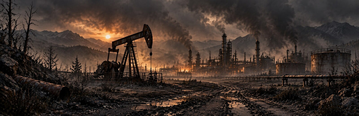 An abandoned oil derrick emerging from smoke and drifting ash
