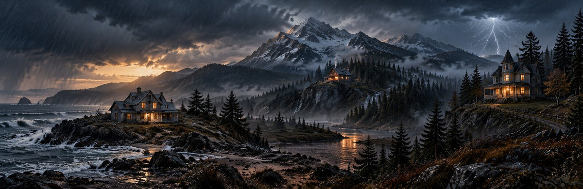 Three isolated homes glowing beneath a threatening storm