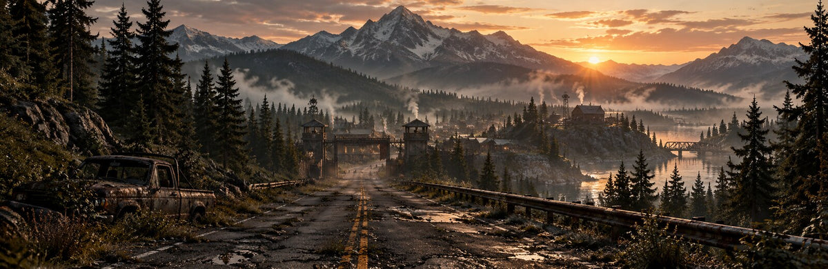 A broken mountain road leading to a resilient settlement at sunrise