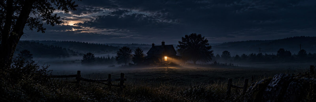 One warmly lit house shining through a dark rural blackout