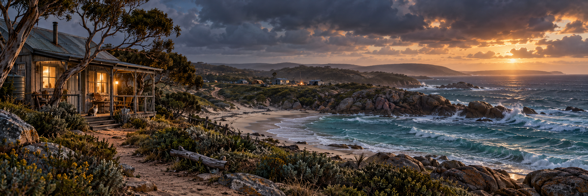 A warmly lit beach cottage and small coastal camp above a rugged Western Australian cove at sunset.