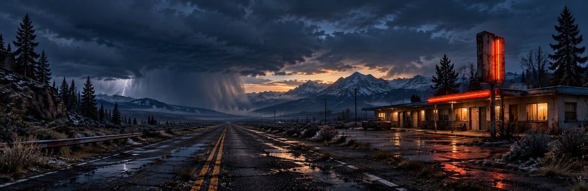 A lonely roadside motel glowing at blue hour after the collapse