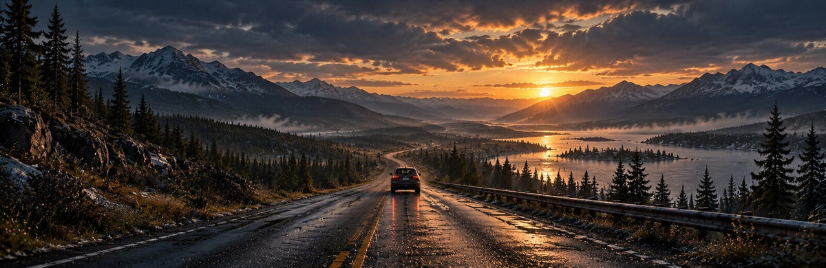 A lone car traveling an open highway toward a warm horizon