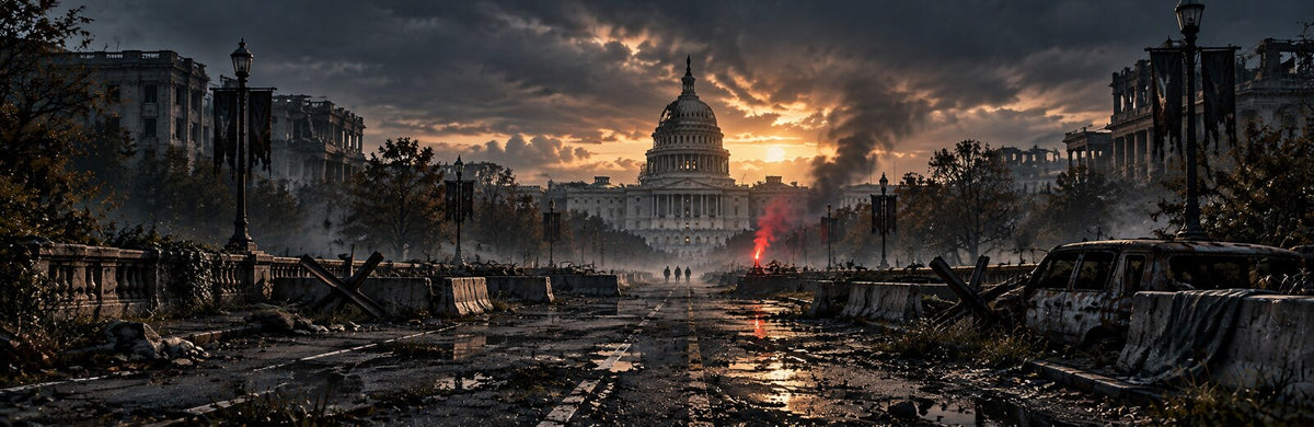 A fractured civic district lit by a distant rebellion flare