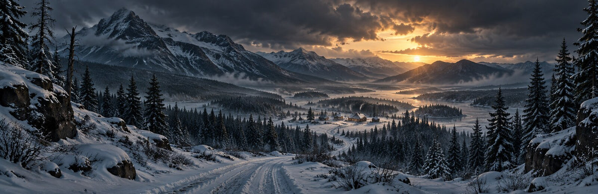A snow-covered mountain valley and distant homestead beneath a fading winter sun
