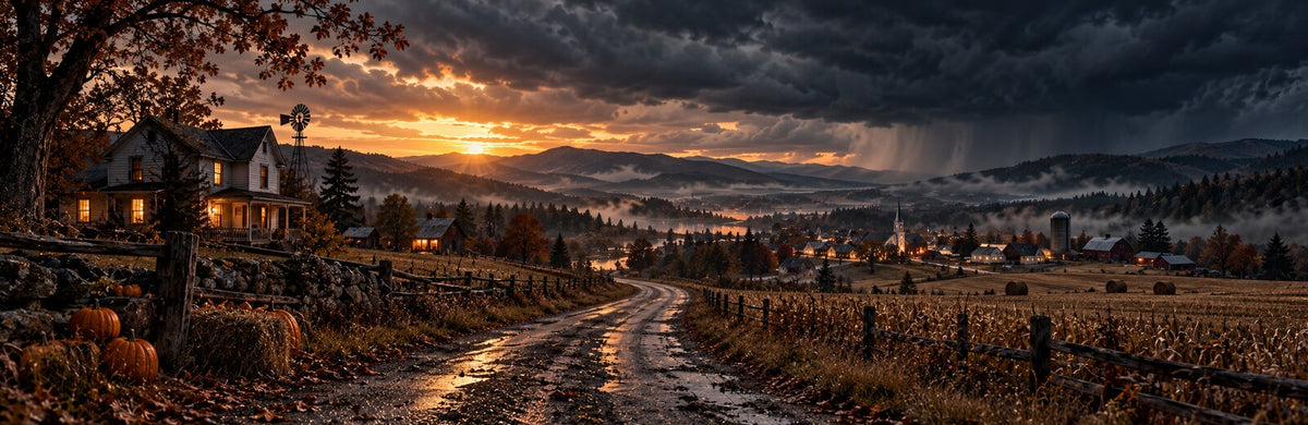 An autumn farmhouse and harvest field beneath a gathering storm